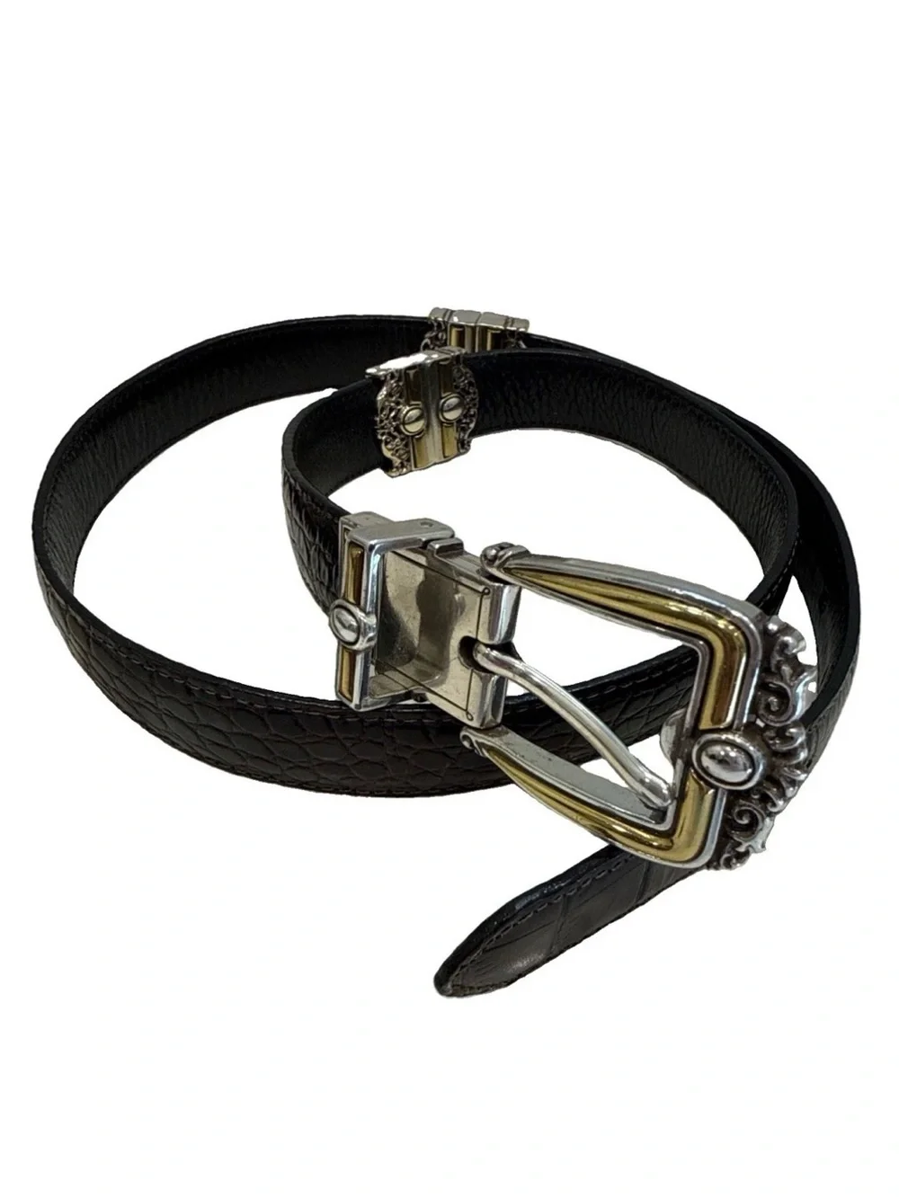 Brighton Brown/Black Reversible Croco Swivel Belt with Silver/Gold Buckle